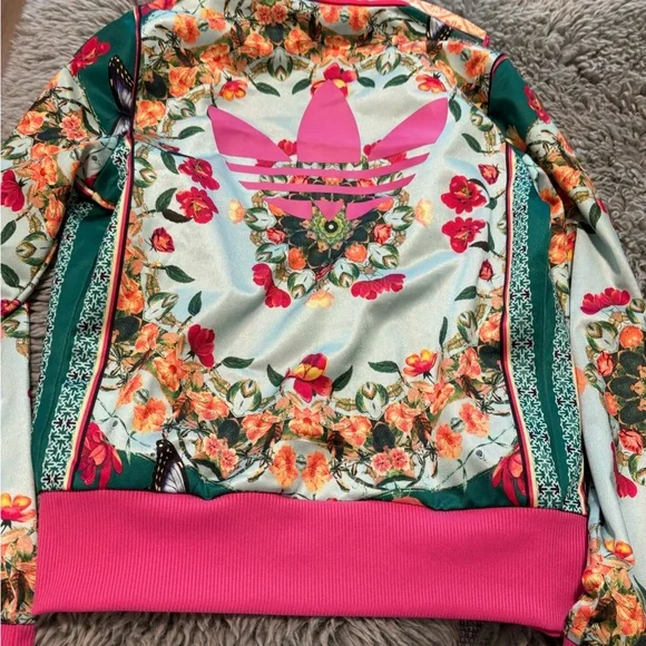 New With Tags : Adidas Women's Floral Bomber Jacket - Pink and Green - Picture 2 of 3
